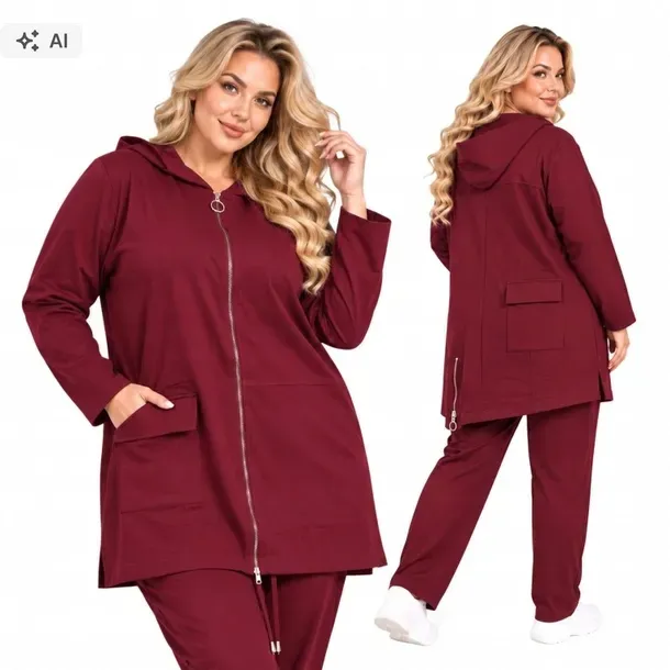 6938 Komplet dresowy bordowy bawełna asymetryczny z kapturem 54 56 7XL 8XL