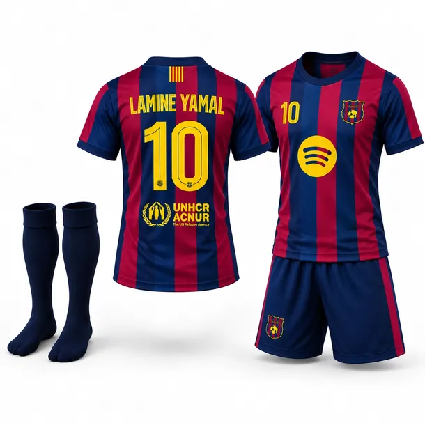 KOMPLET PIŁKARSKI LAMINE YAMAL BARCELONA - KOSZULKA SPODENKI GETRY rozm. 146 cm