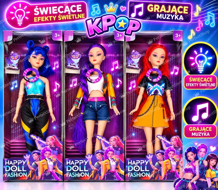 Lalki KPOP Śpiewające Grające Świecące LALKI KPOP 3 szt światło + Muzyka 30 cm DEMON HUNTERS Łowczynie Demonów 30 cm Lalki K-POP
