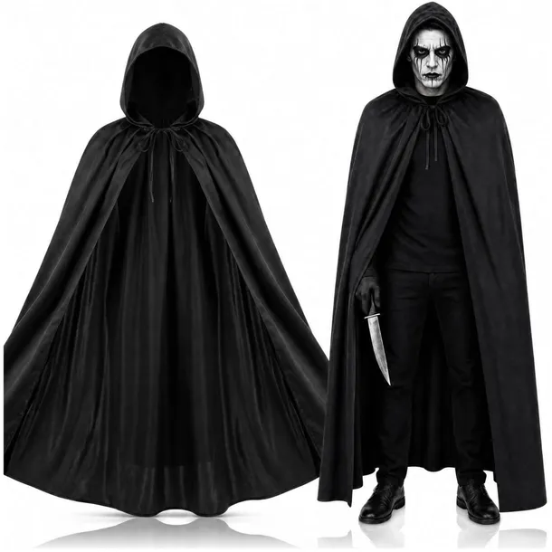 Peleryna z Kapturem Czarna Halloween Przebranie Kostium Wampir Czarownica