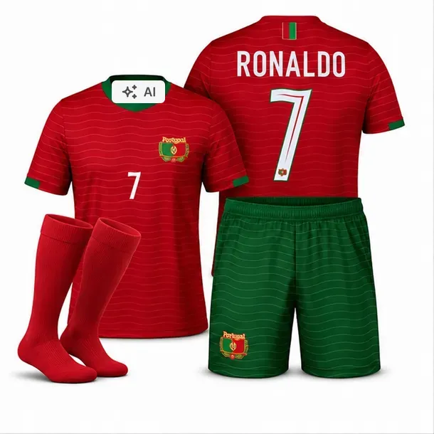 Strój Piłkarski Ronaldo Portugalia Komplet Koszulka Spodenki Getry r.128 cm