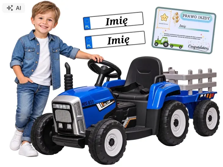 TRAKTOR na akumulator z przyczepką LED muzyka PREZENT dla dziecka niebieski