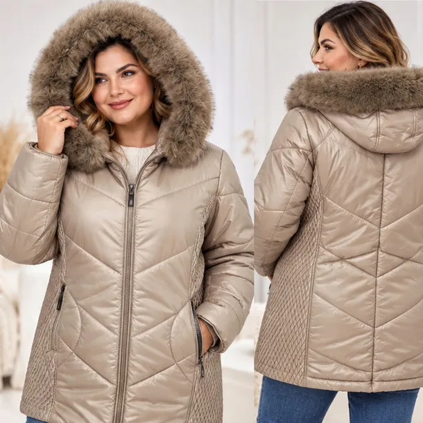 Kurtka Damska Zimowa Pikowana Kaptur Kieszenie Futro Plus Size Beżowa 5XL