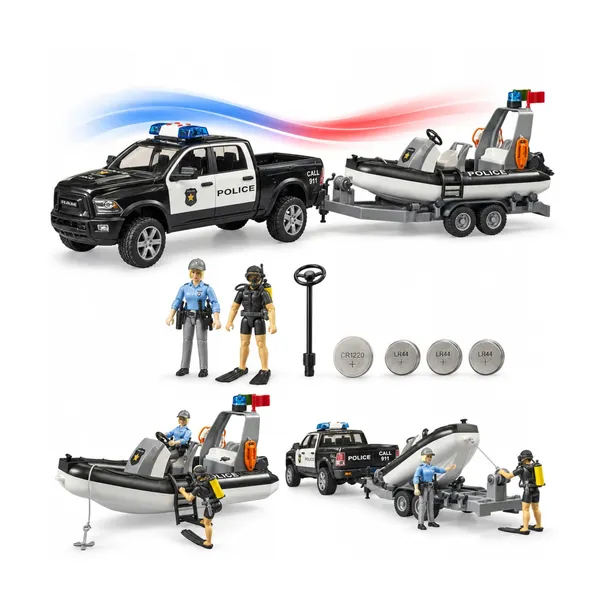 Bruder 02507 RAM 2500 Policyjny z modułem L+S, przyczepą i łodzią zabawka