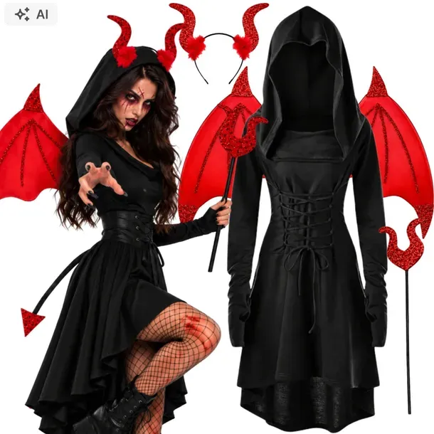 STRÓJ DIABLICY DEMONA DIABEŁKA NA HALLOWEEN SUKIENKA ROGI SKRZYDŁA L XL