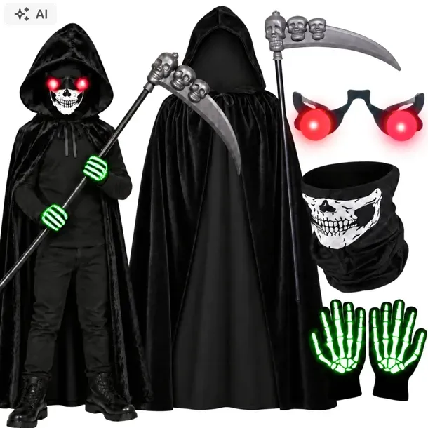 STRÓJ ŚMIERCI Z KOSĄ PRZEBRANIE MROCZNY ŻNIWIARZ KOSIARZ HALLOWEEN 134 140