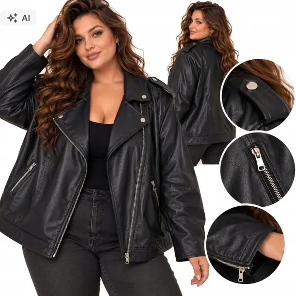 Damska kurtka ramoneska z miękkiej skóry czarna klasyczna biker 50 52 5xl 6
