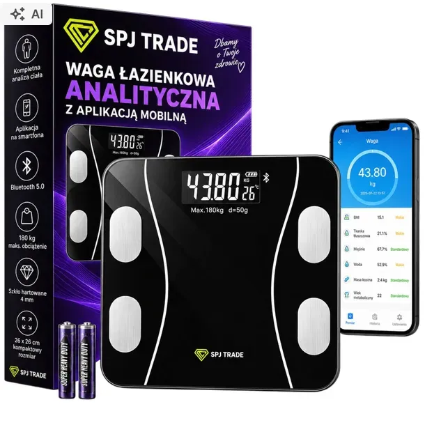 WAGA ŁAZIENKOWA ELEKTRONICZNA ANALITYCZNA DO 180 kg APLIKACJA PO POLSKU BMI