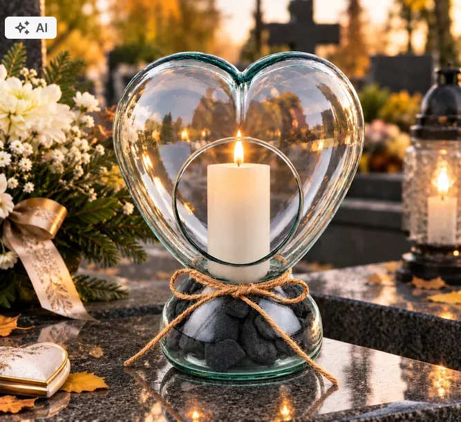 ZNICZ SZKLANY SERCE LED 22 CM NA GRÓB HANDMADE POLSKIE SZKŁO GRAFIT