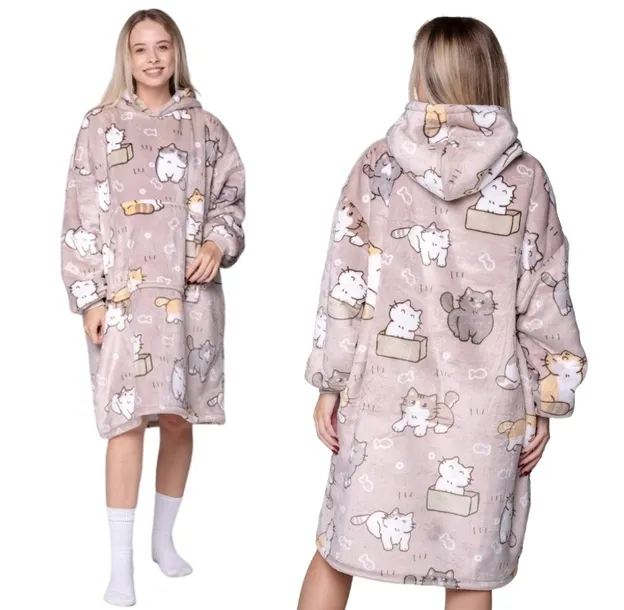 KOC BLUZA Oversize Gruba KOCOBLUZA 2w1 XXL Wzór KOTKI Futrzak z Kaptur Bluz