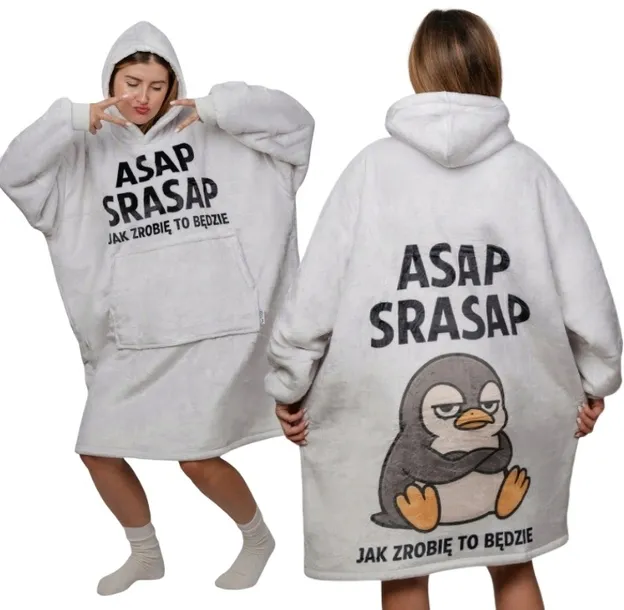 KOC BLUZA Oversize Gruba KOCOBLUZA 2w1 XXL Wzór PINGWIN ASAP Bluzo Koc
