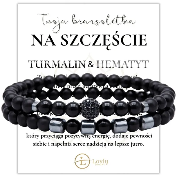 BRANSOLETKA ZESTAW 2 W 1 KAMIENIE NATURALNE TURMALIN HEMATYT PREZENT KARTKA