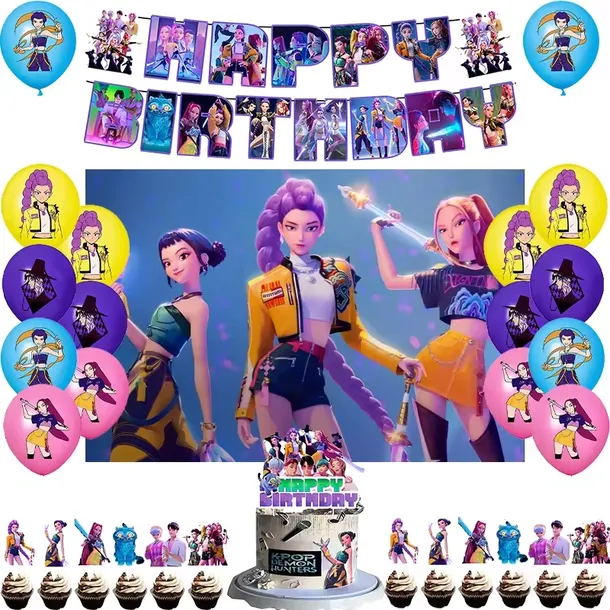 Zestaw ozdób urodzinowych KPOP Demon Hunters Huntrix Girlanda Balony Tło do zdjęć Topper