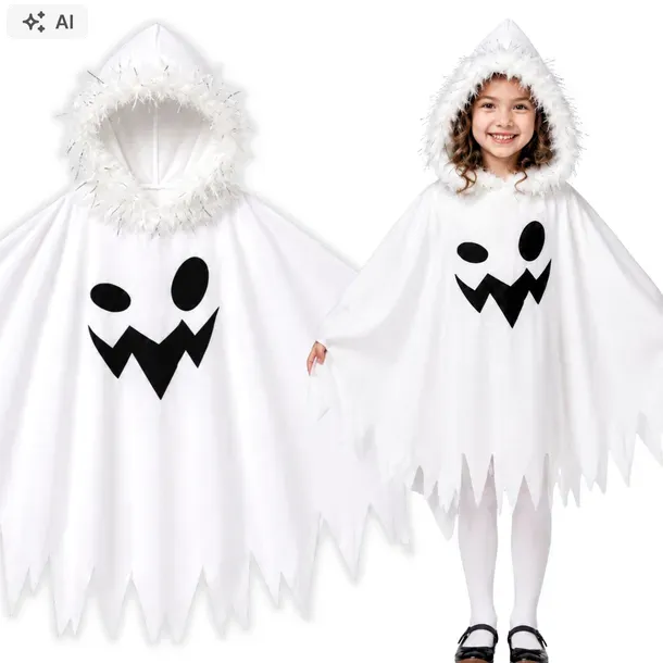STRÓJ DUCHA DUSZKA NA HALLOWEEN DLA DZIECI PELERYNA Z KAPTUREM 128 134 140
