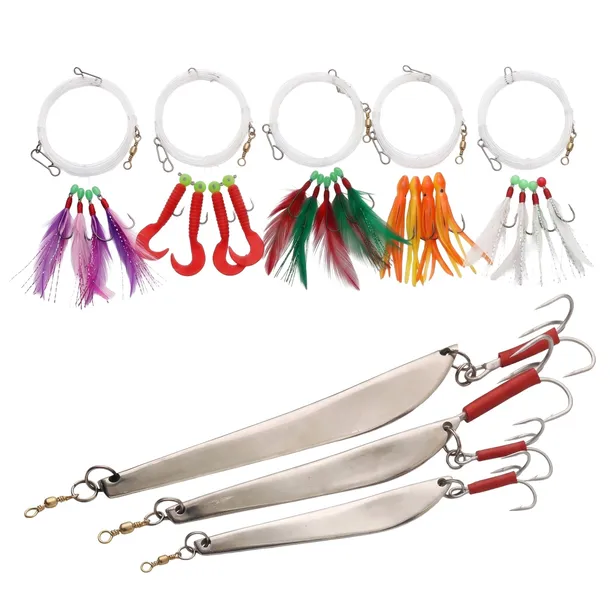 ZESTAW MORSKI 3 PILKERY 100G 125G 150G RUMPOL + 5X PRZYPONY SABIKI NORWEGIA