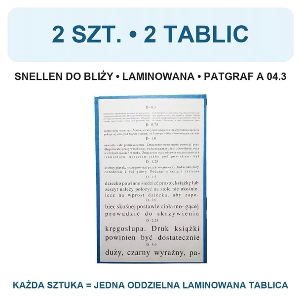 Tablica okulistyczna do bliży Snellena laminowana PATGRAF 2 szt.