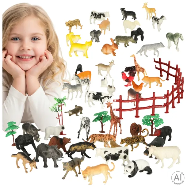 ZESTAW FIGUREK GUMOWYCH ZWIERZĘTA ZOO SAFARI FARMA AKCESORIA SKRZYNKA 59EL.