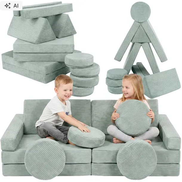 ZESTAW XXL SOFA MODUŁOWA PIANKOWA DLA DZIECI 10 EL 2 POZIOMY SZTRUKS MIĘTA