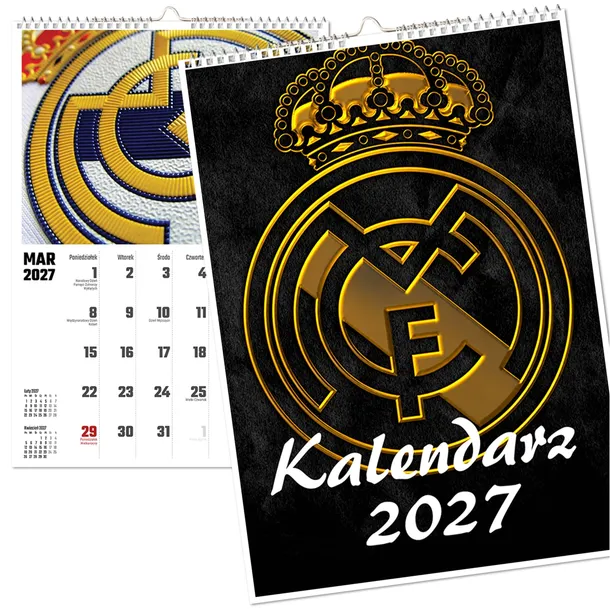 KALENDARZ ŚCIENNY 2027 WIELOPLANSZOWY DUŻY REAL MADRYT MADRIT LOGO A4