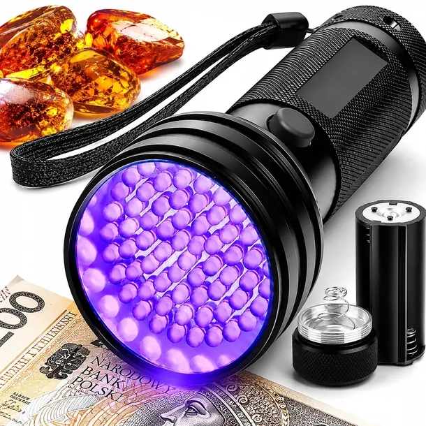 LATARKA UV SZPERACZ DO BANKNOTÓW BURSZTYNU MOCNA 51 LED ALUMINIUM TAKTYCZNA