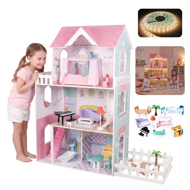 Duży Drewniany Domek dla Lalek XXL125cm Taras Światło LED Meble 3 Piętra