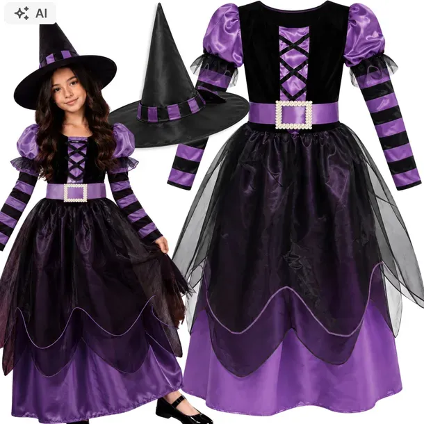 STRÓJ CZAROWNICY NA HALLOWEEN SUKIENKA WIEDŹMA WRÓŻKA Z KAPELUSZEM 152 158
