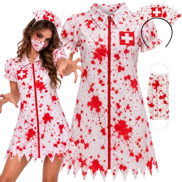 STRÓJ PIELĘGNIARKI ZOMBIE NA HALLOWEEN PRZEBRANIE SIOSTRY FARTUCH MASKA M L