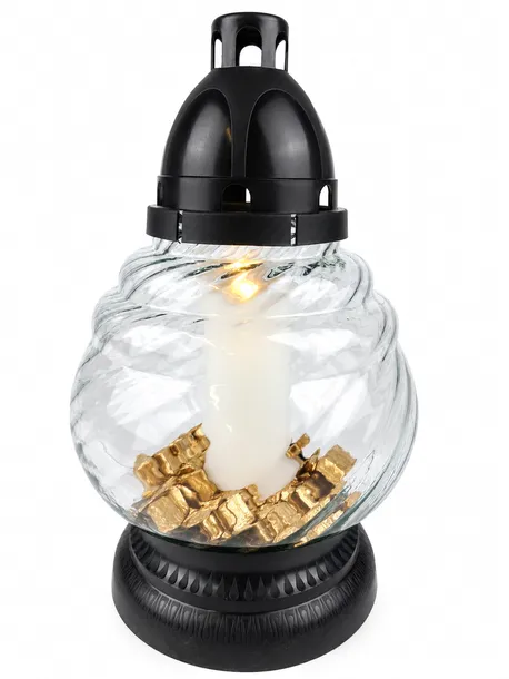 ZNICZ PREMIUM SZKLANY LED NA GRÓB CZARNY ZŁOTE KAMIENIE 29 CM 88 DNI