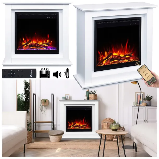 Kominek Elektryczny LED 3D AFLAMO Sund Biały Wkład Grzewczy 1500 W Głośnik