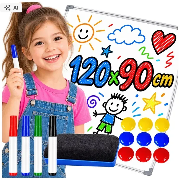 Tablica magnetyczna suchościeralna 120 x 90 cm biała w ramie aluminiowej na ścianę, 4 markery, 9 magnesów, gąbka i półka, tablica do pisania MTA
