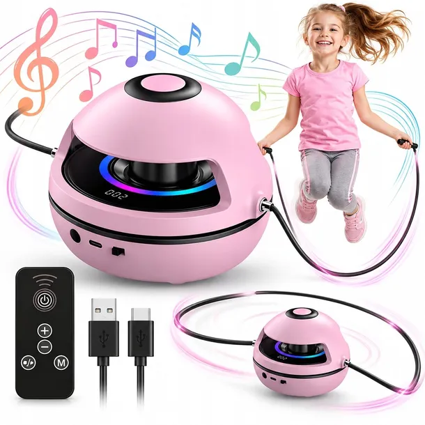 Skakanka automatyczna muzyczna LED z pilotem i głośnikiem Bluetooth, inteligentna skakanka elektryczna z licznikiem skoków, różowa, ładowanie USB MTA