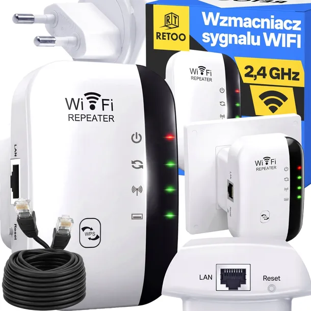 WZMACNIACZ SYGNAŁU Wi-Fi REPEATER 2,4 GHz MOCNY 300 Mb/s WPS AP + KABEL LAN