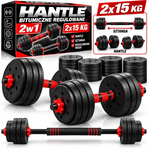 Hantle 30kg 2x15kg + SZTANGA ZESTAW CIĘŻARKÓW DO ĆWICZEŃ REGULOWANE 30 KG