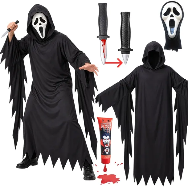Strój KRZYK PONURY ŻNIWIARZ Halloween MASKA CHOWANY NÓŻ KREW Kostium XL