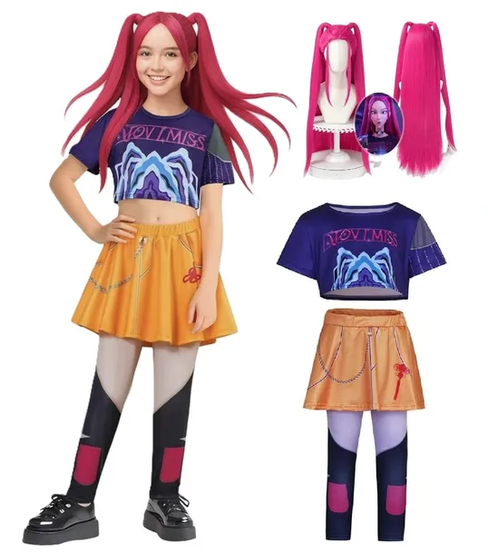 STRÓJ K-POP MIRA + PERUKA DEMON HUNTERS PRZEBRANIE ŁOWCZYNIE KPOP M 122/128