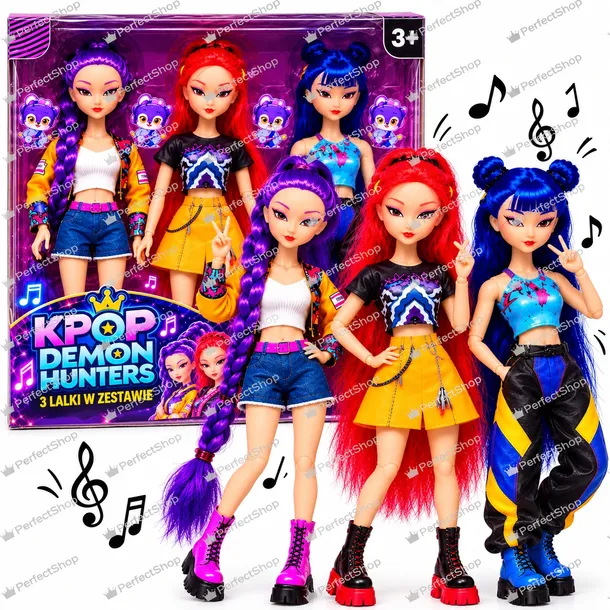 Śpiewające grające świecące LALKI KPOP 3 szt światło + Muzyka 30 cm DEMON HUNTERS Łowczynie Demonów 30 cm Lalki K-POP