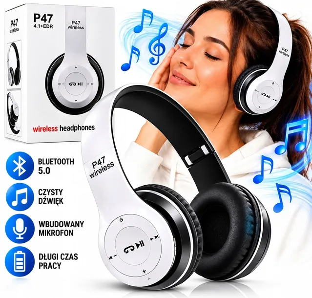 BEZPRZEWODOWE SŁUCHAWKI BLUETOOTH P47 MIKROFON MP3 NAUSZNE