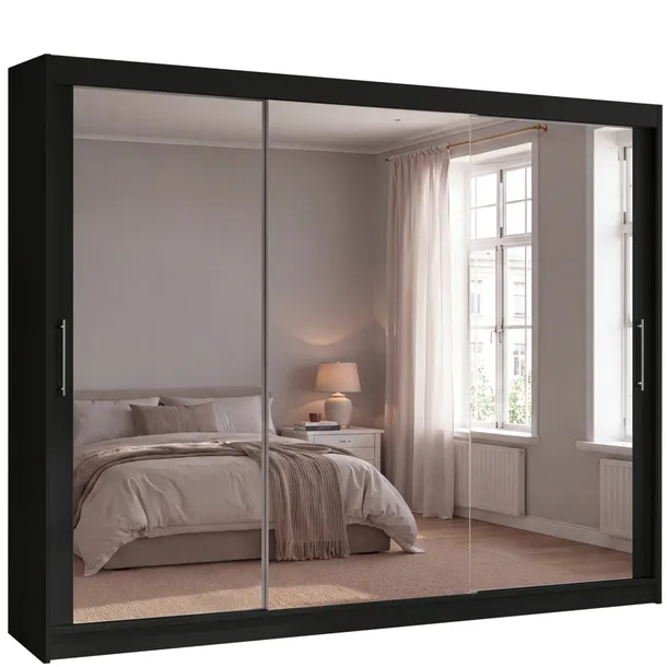Szafa przesuwna Aston III z lustrem 250cm - pojemna garderoba - CZARNY