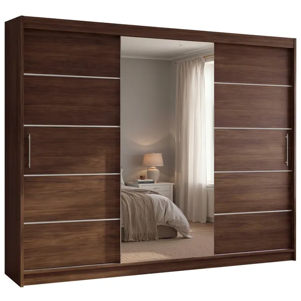Szafa przesuwna Aston VI z lustrem 250cm - pojemna garderoba - ORZECH