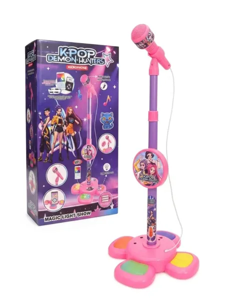Mikrofon dziecięcy na statywie Łowczynie K-Pop Demon Hunters studio karaoke scena efekty świetlne LED mp3 110 cm Rumi Mira Zoey Kpop