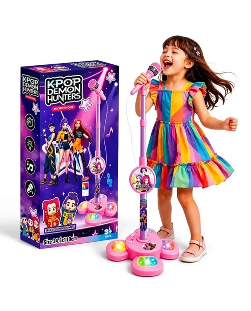 Mikrofon K-pop na statywie karaoke dla dzieci Łowczynie Demon Hunters Huntrix studio scena efekty świetlne LED mp3 110 cm Rumi Mira Zoey Kpop