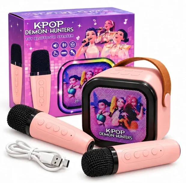 ZESTAW KARAOKE K-POP 2 MIKROFONY GŁOŚNIK DLA DZIECI DEMON HUNTERS RUMI MIRA ZOEY BLUETOOTH LED Kpop