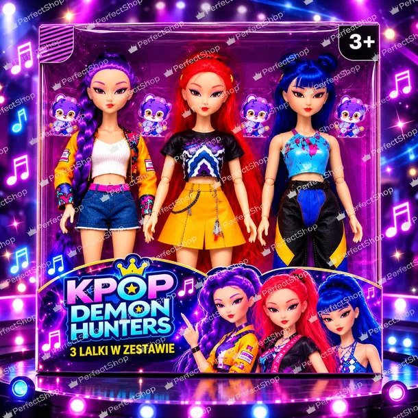 Śpiewające grające świecące LALKI KPOP 3 szt światło + Muzyka 30 cm DEMON HUNTERS Łowczynie Demonów 30 cm Lalki K-POP