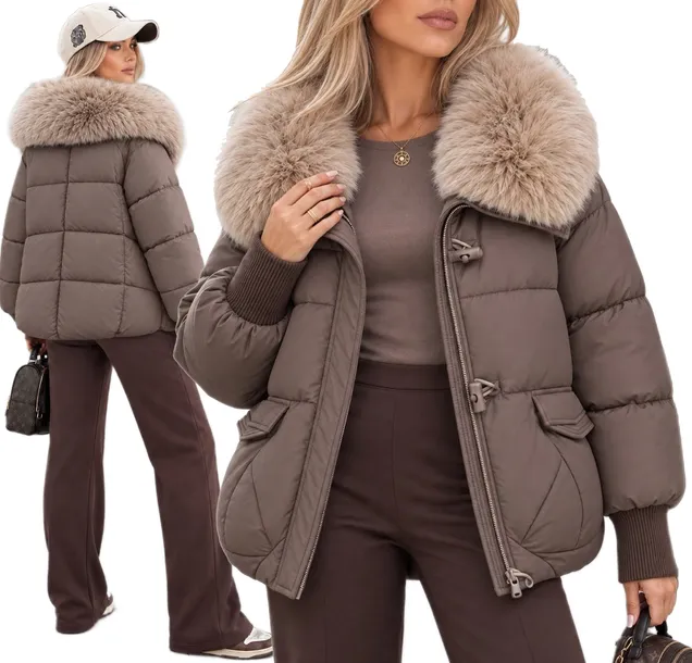 Modna pikowana KURTKA DAMSKA ZIMOWA oversize futerko 44 GIORGIA