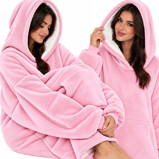 DUŻA KOCOBLUZA OVERSIZE GRUBA MIĘKKA KOC BLUZA Z KAPTUREM SZLAFROK RÓŻOWA
