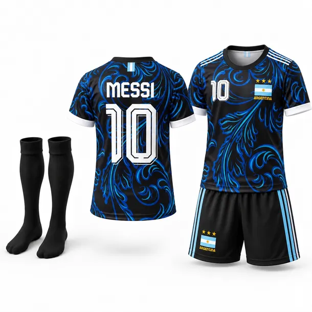 STRÓJ PIŁKARSKI - KOSZULKA SPODENKI GETRY - MESSI ARGENTYNA rozm. 140 cm