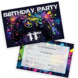 stuff4-11th-birthday-party-invitations-kids-video-gamer-gaming-28-pack