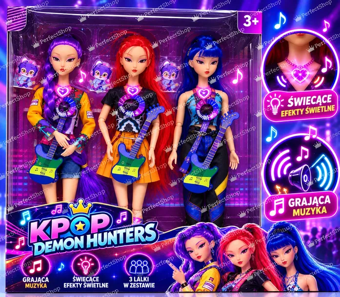 Lalki KPOP Śpiewające Grające Świecące LALKI KPOP 3 szt światło + Muzyka 30 cm DEMON HUNTERS Łowczynie Demonów 30 cm Lalki K-POP