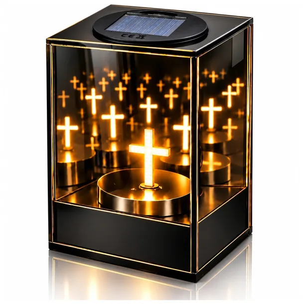ZNICZ SOLARNY LED LAMPION LUSTRZANY KRZYŻ 3D NA GRÓB CZARNY ZŁOTY PREMIUM