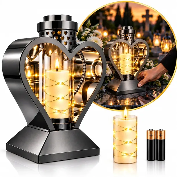 ZNICZ LED LAMPION SERCE CZARNY NA GRÓB CMENTARZ METALOWY + GRATIS WKŁAD